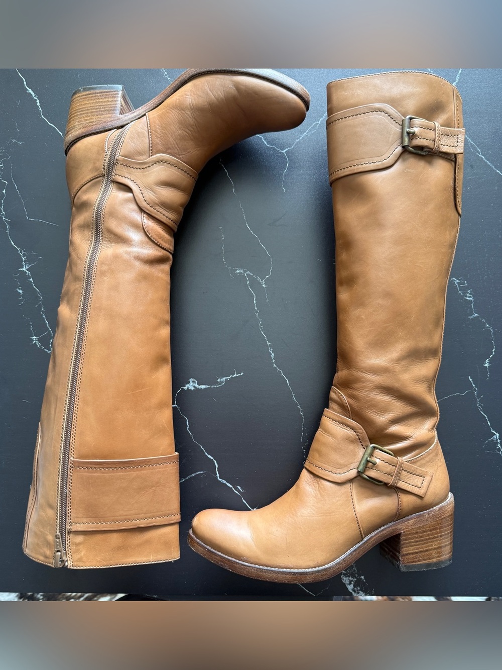 PURA LOPEZ Women's Tall Leather Western Cowboy Riding Boots - Tan size 7 - Picture 2 of 15